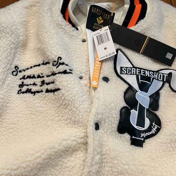 Men's Screenshot Cream Varsity Jacket with Patches - Picture 5 of 7